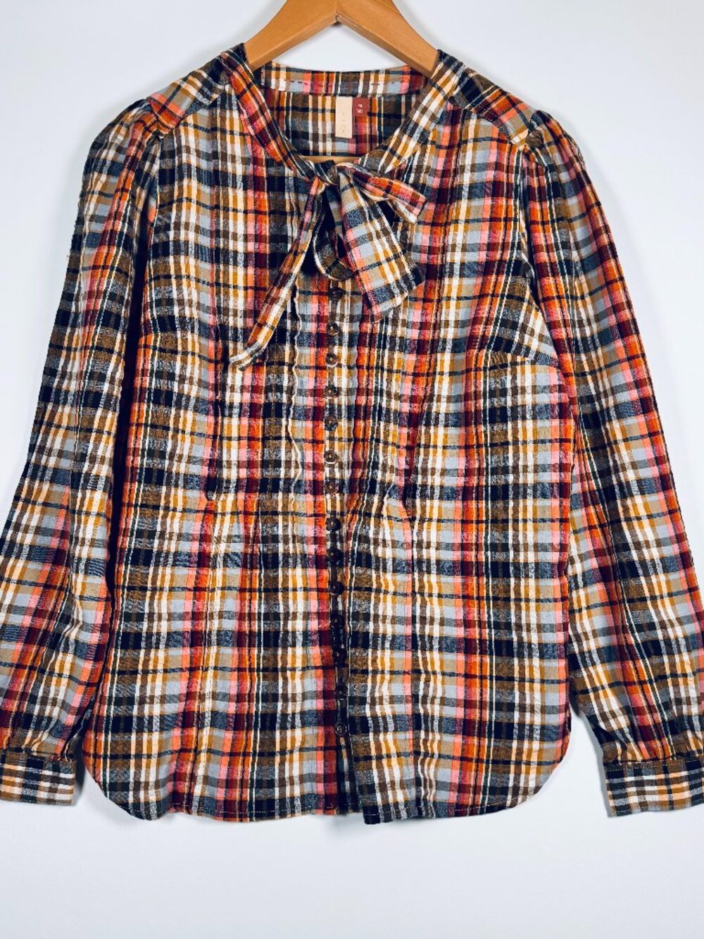 PIlcro Plaid Peasant Blouse Womens XS‎ Brown Pink Tie Neck Boho Cottage